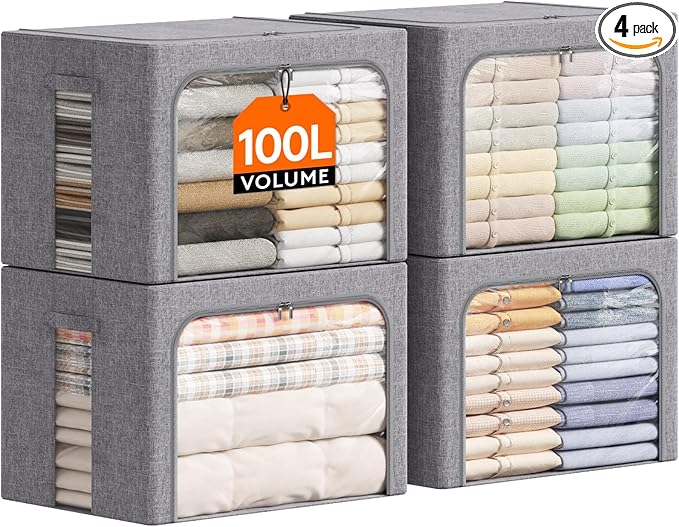 Lifewit Clothes Storage Bins with Metal Frame, Stackable Storage Box, Foldable Clothing Storage Bins with Lids, 100L Storage Bags Fabric Box Organizer with Clear Window＆ Zippers＆ Sturdy Handles 4 Pack