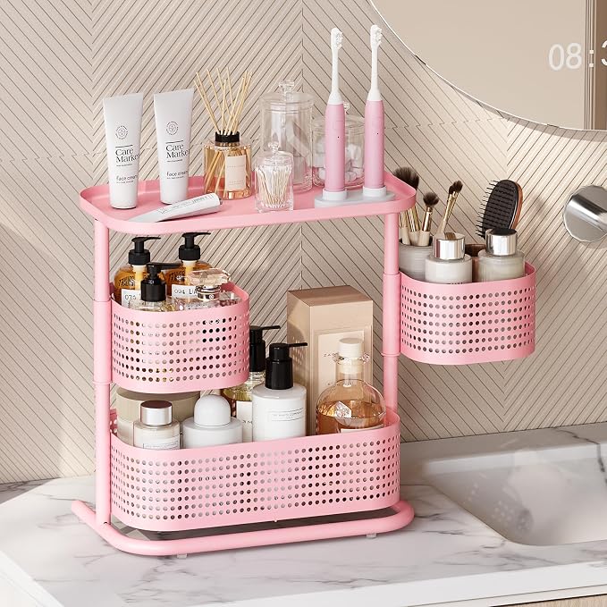 KINGRACK Metal Bathroom Counter Organizer，Rotating Countertop Storage Shelf | 3 Tier, Makeup Tray for Vanity, Perfume & Skincare, Standing Shelf for Bathroom Counter Storage, Pink