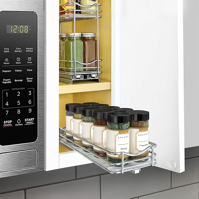 LYNK PROFESSIONAL® Pull Out Spice Organization for Cabinets - 4-3/8 inch Wide – Spice Rack for Inside Cabinets, Slide Out Spice Rack Organizer for cabinet – Pull Out Spice Rack, Sliding 1 Tier Chrome