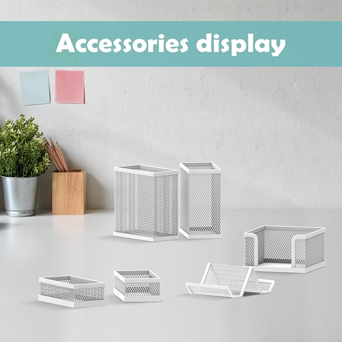 Pen Holder for Desk, 6-Piece Mesh Desk Organizer with Phone Holder, White | 6-Piece Black Mesh Desk Set Includes Pen Cups, a Sticky Note Caddy and Phone Holder for Office, School, Home