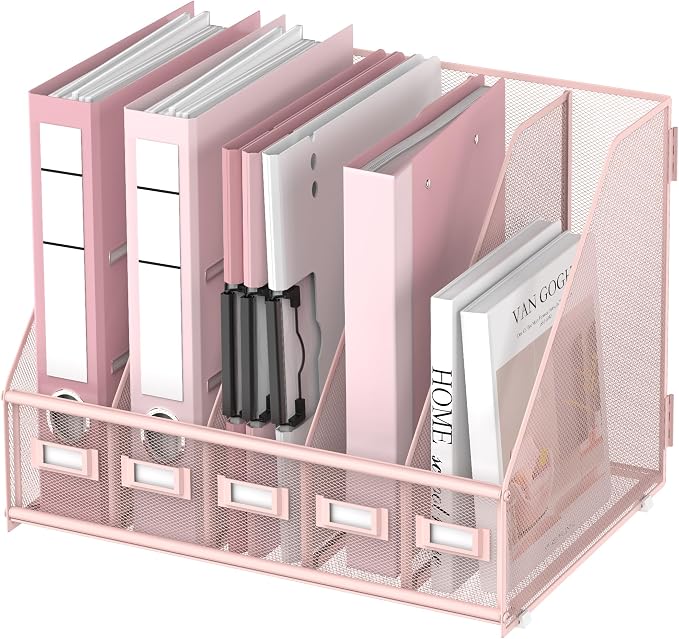 DALTACK 5-Slot Magazine File Holder, Metal Binder Holder, Pink | Iron Mesh Construction, Labeled Sections for Easy Sorting, Anti-Slip Feet, Binder and Folder Storage for Office, Classroom