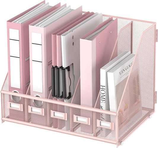 DALTACK 5-Slot Magazine File Holder, Metal Binder Holder, Pink | Iron Mesh Construction, Labeled Sections for Easy Sorting, Anti-Slip Feet, Binder and Folder Storage for Office, Classroom