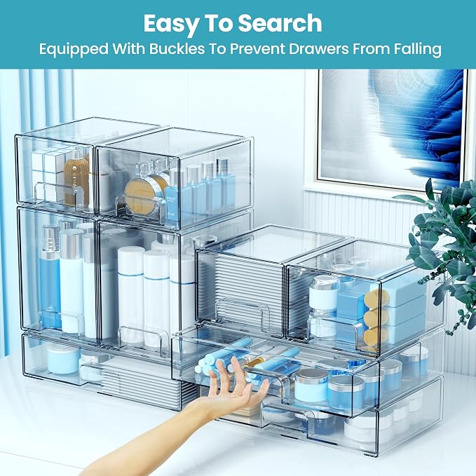 Stackable Storage Drawers, 4 Pack Clear Acrylic Makeup & Bathroom Organizer, Versatile Storage Bins for Vanity, Under Sink, Kitchen Cabinets & Pantry (4 Pack)