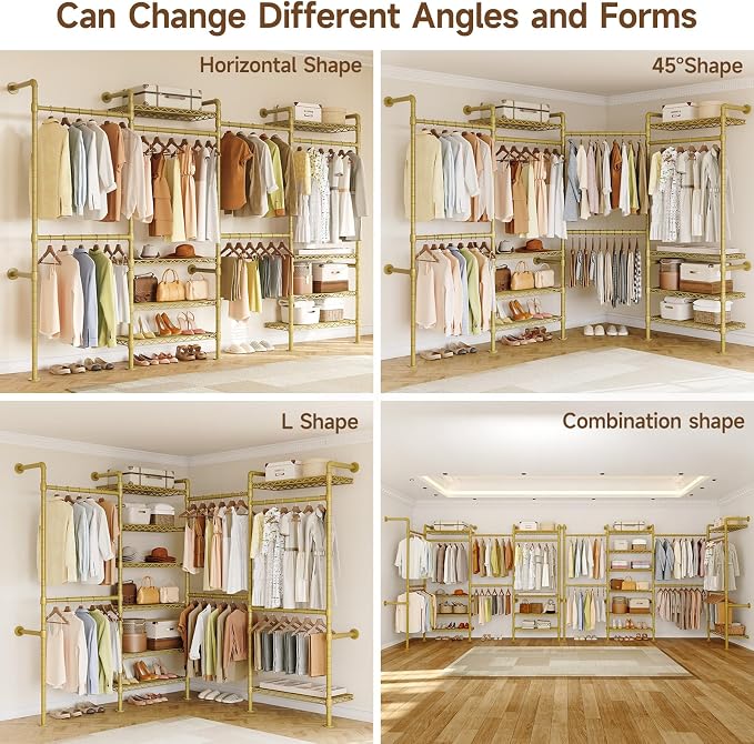 ONBRILL H4 Wall Mounted Closet System, Expandable Industrial Pipe Clothes Rack Clothing Rack for Hanging Clothes, Heavy Duty Closet Organizers and Storage in Wardrobe Closet - Gold