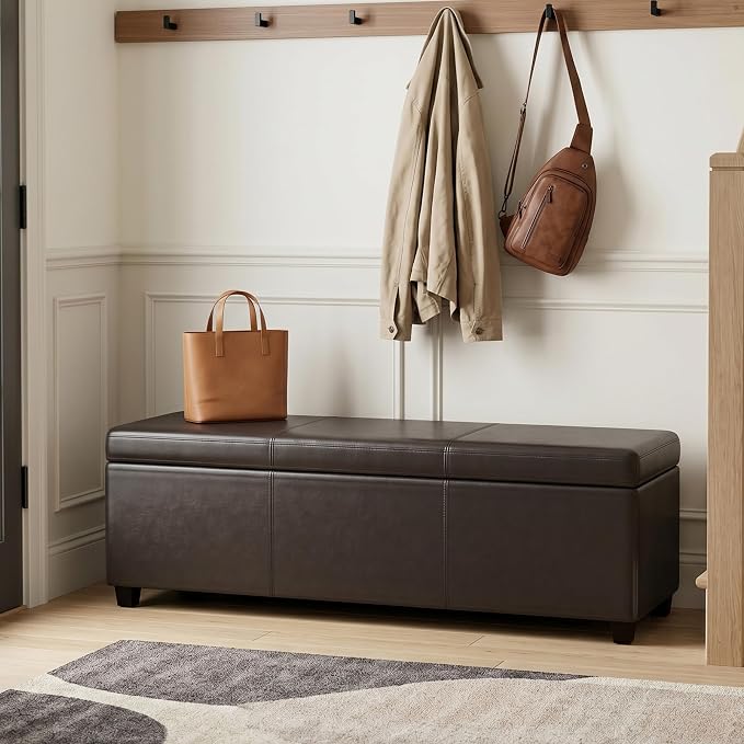 SIMPLIHOME Avalon Extra Large Storage Ottoman Bench - 54 inch Wide Upholstered Vegan Leather Rectangular Lift-Top Ottoman in Dark Clove Brown, Contemporary Bench for Living Room with Hidden Storage