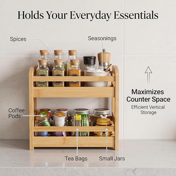 Briful 2 Tier Bamboo Spice Rack Organizer for Countertop, Small Kitchen Shelf for Spices, Coffee Bar, Pantry & Cabinet Organization