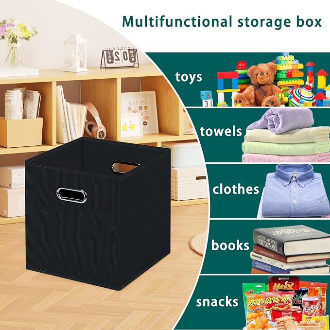 Black Foldable Storage Cubes Bins, Fabric Storage Box Cubes Organizer Baskets with Dual Handles for Home Organizer,Set of 3,(Black)