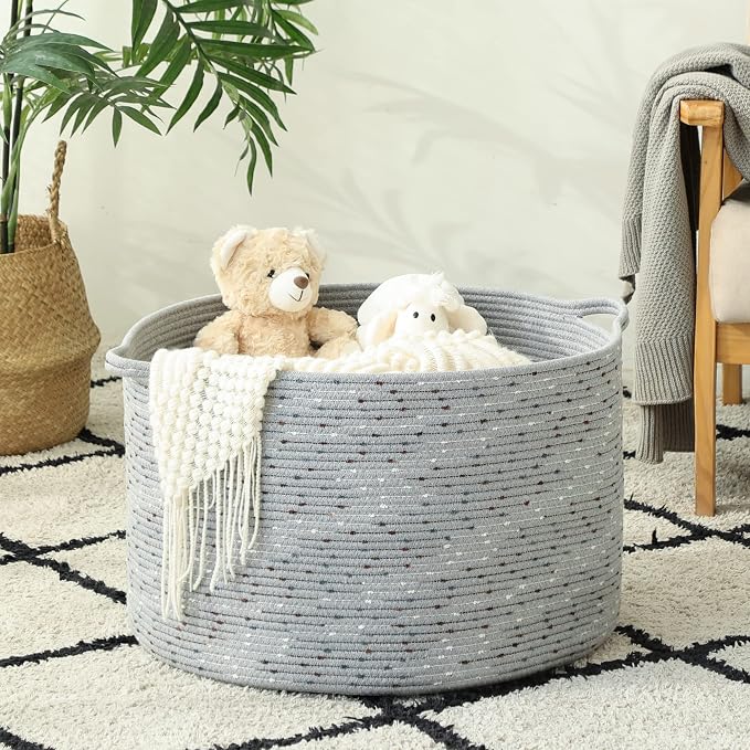 KAKAMAY Large Blanket Basket (20"x13"),Woven Baskets for storage Baby Laundry Hamper, Cotton Rope Blanket Basket for Living Room, Laundry, Nursery, Pillows, Grey with Blue & Brown Dotted | Extra Large Capacity | Natural Cotton Rope | Blanket Storage | ...