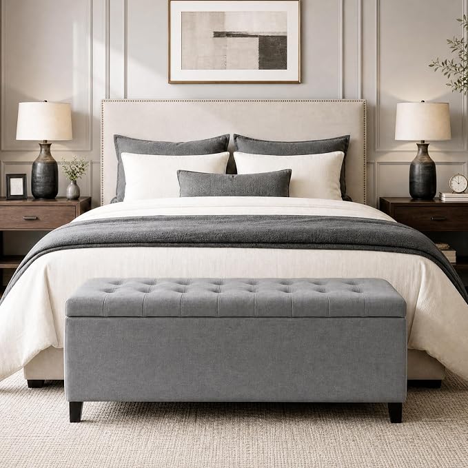 Madison Park 49" Upholstered Storage Bench, Button Tufted End of Bed Bench with Storage, Dual Spring Soft-Close Lid, Bedroom Bench for Queen King Bed, Entryway Living Room, Grey