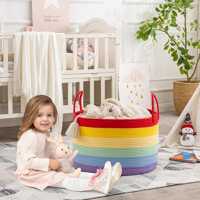 KAKAMAY Large Blanket Basket with Handles, Storage Basket for Living Room | Extra Large Capacity | Natural Cotton Rope | Blanket Storage | Woven Storage Basket | Stuffed Animal Storage | Laundry Basket