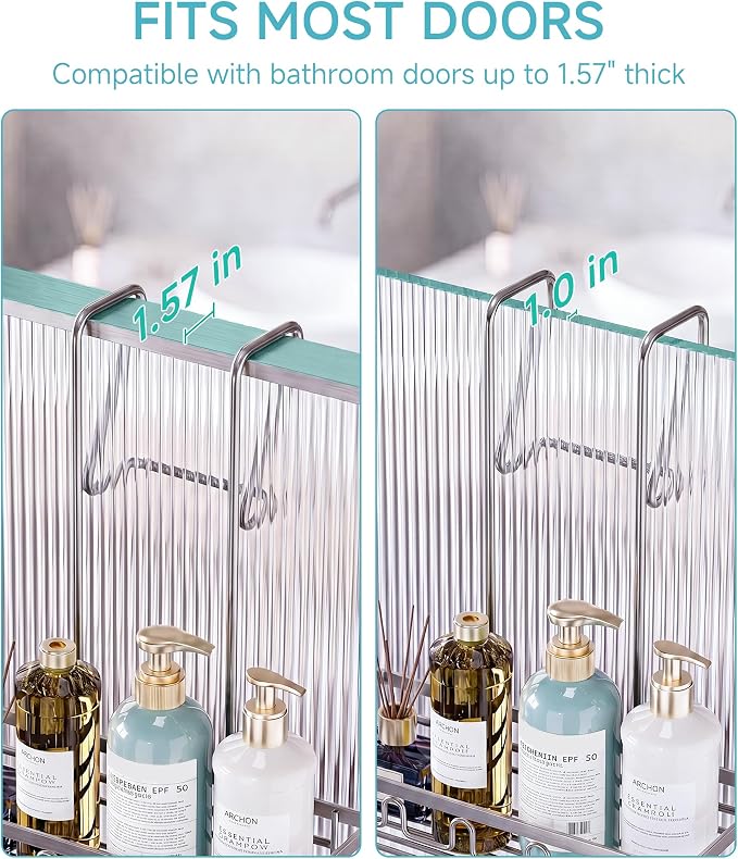 Shower Caddy Hanging Over the Door, Upgraded Extended Length Shower Organizer, Rustproof Bathroom Rack with Hooks Soap Holder, Silver