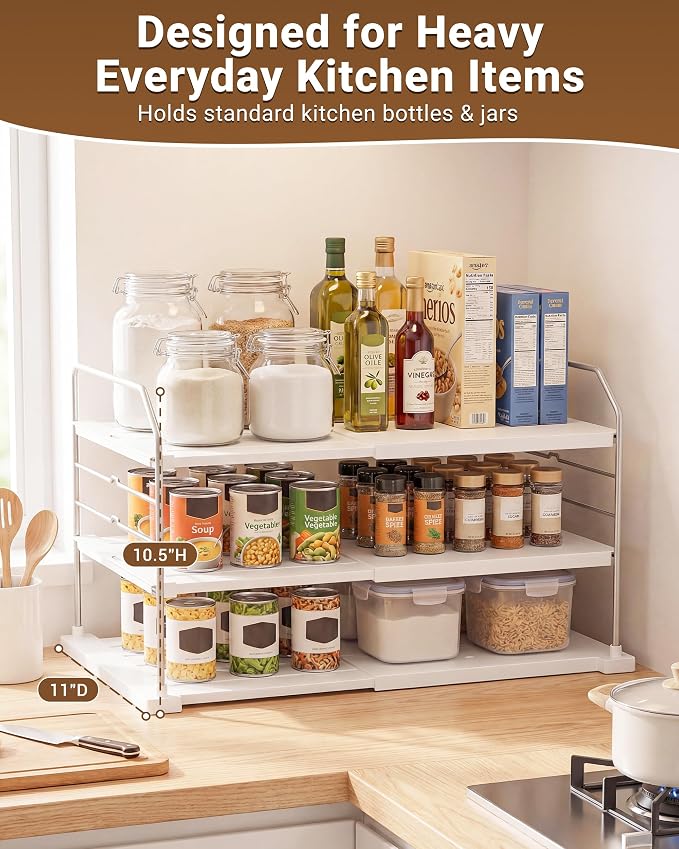 EVERIE Extendable 3-Tier Kitchen Cabinet & Pantry Organizer for Plastic Wrap, Foil & Storage Bags, Adjustable Heavy Duty Shelf Rack for Wrap Boxes, Jars & Snack Boxes (11–16.7 in Wide), Pack of 2
