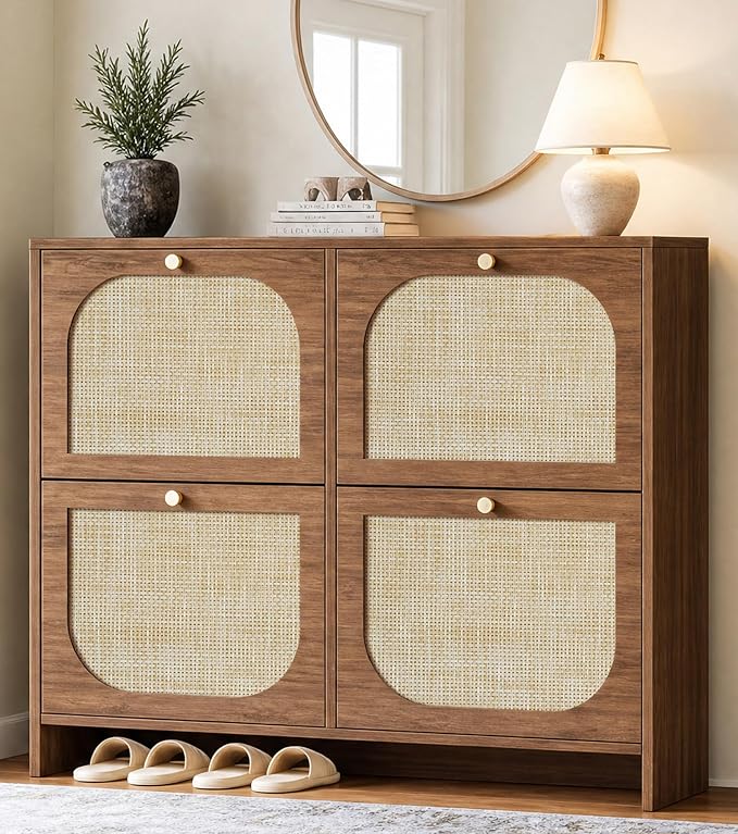 Nicetree Freestanding Ultra Slim Arched Rattan Accent Shoe Storage Cabinet for Entryway - 4 Flip Drawers & 3-Tier Adjustable Shelves, Farmhouse Modern Rustic Shoe Rack for Hallway, Foyer Oak