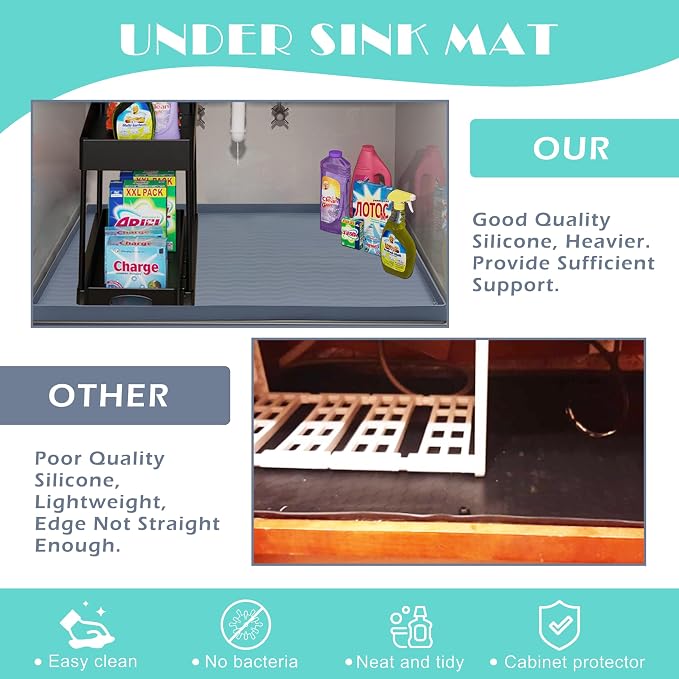 URMONA Waterproof Silicone Under Sink Mat 37'' x 22'' Shelf Liner for Kitchen and Bathroom, Cabinet and Counter Protector, Storage and Organizers, Litter Mat, Pet Cat Puppy Essentials(Light Grey)