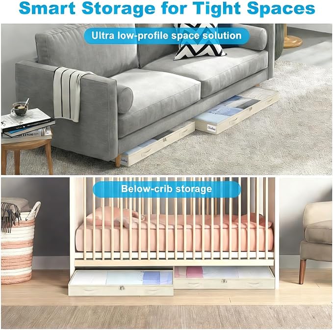 4 Inch Low Profile Under Bed Storage Drawer 4 Pack, Lightweight Underbed Clothes Storage Container Bins With NO STURCTURE, Shallow Storage Bag for Dorm & Home, With Clear Lids & Water-Resistant Fabric