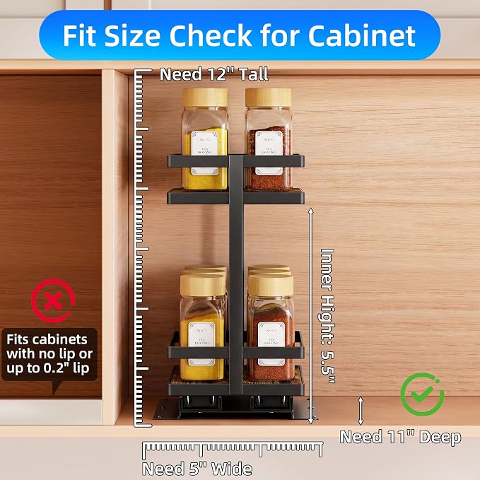 Pull Out Spice Rack 2Pcs Metal & Wood Seasoning Organizer Black | No-Drill Install | Full-Extension Silent Glide | Each Tier Holds 10–12 Standard Spice Bottles | Rustproof, Wipe-Clean Surface