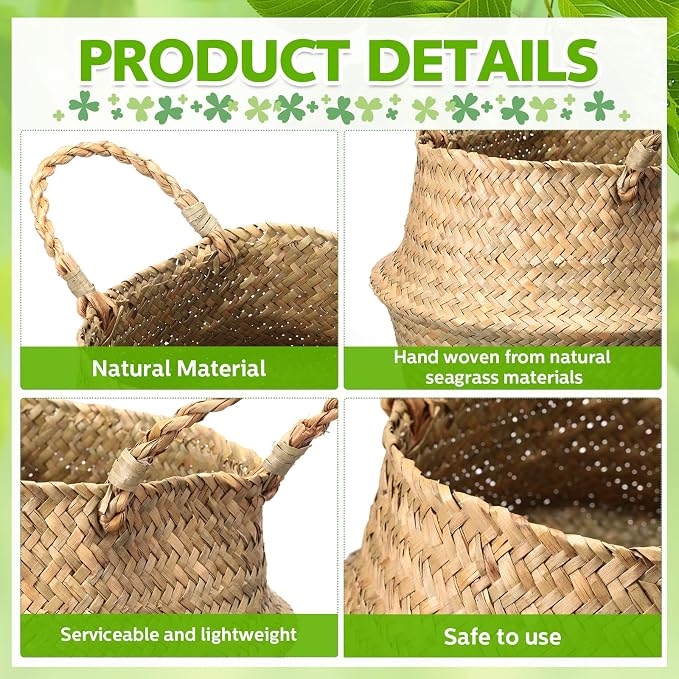 Qunclay 4 Pcs Woven Seagrass Baskets Belly Basket Folding Boho Natural Plant Pot with Handles Round Decorative Wicker Large Indoor Planter for Home Outdoor Tree Planters Decor (M,8.46''dx8.66''h)