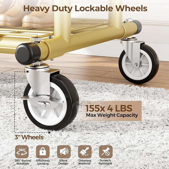 HYSEYY Heavy Duty Clothes Rack, Rolling Clothing Racks With Shelves Load 620 LBS, Double Rod Clothing Racks for Hanging Clothes, Portable& Adjustable Clothes Rack with Wheels Garment Rack,Gold