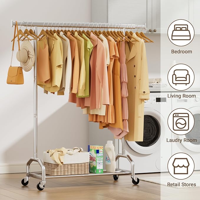 Heavy Duty Rolling Clothing Rack, 450 lbs Capacity Metal Clothes Rack with Wheels, 65" Tall Freestanding Hanging Rack for Bedroom, Laundry Room, Retail Display, Chrome