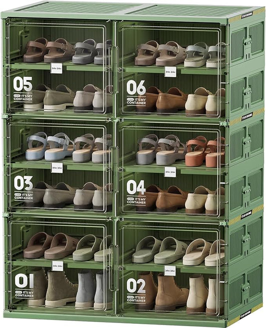 JEKO&JEKO 6 Tiers Green Foldable Shoe Rack Organizer for Entryway, Outdoor Front Door Shoe Storage Cabinet, Large Collapsible Shoe Box with Magnetic Doors, Holds Up to 24 Pairs