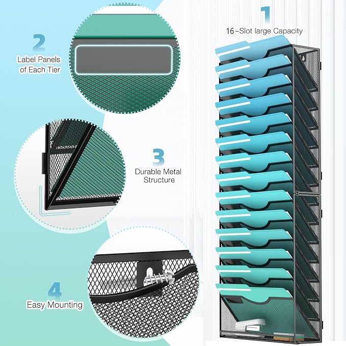 Gawerk 15-Tier Wall File Organizer Hanging Wall File Holder Wall Mount Paper Folder Organize, Mesh Magazine Document Mail Organizer Wall Organizer for Office School Home, Black
