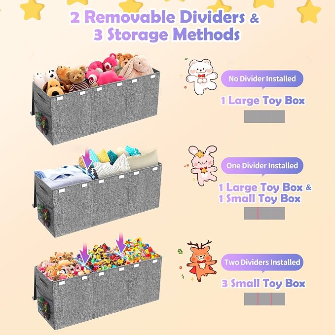Extra Large Toy Box with Lids, Large Storage Chest Organizer, 40"x14"x16" | Collapsible Sturdy Kids Toy Chest Bins with Dividers for Boys Girls, Nursery Bedroom Playroom Organization, Gray
