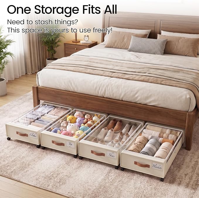 Yecaye Under Bed Storage with Wheels, 2 Pack Under Bed Storage Containers, 60L Underbed Shoe Storage with Clear Window & Label, Rolling Under Bed Metal Drawer for Clothes, Shoes, Books, Blankets
