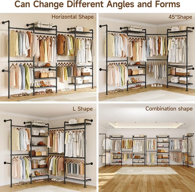 ONBRILL H4 Wall Mounted Closet System, Expandable Industrial Pipe Clothes Rack Clothing Rack for Hanging Clothes, Heavy Duty Closet Organizers and Storage in Wardrobe Closet