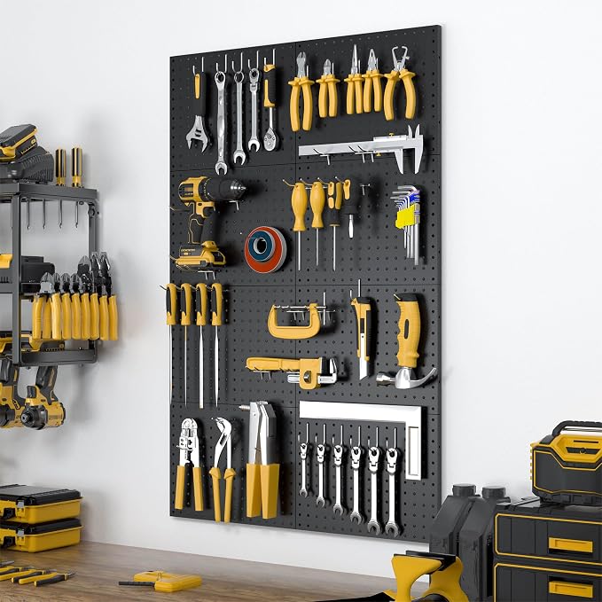 Spampur Peg Board, 8 Pack Metal Pegboard Panels with 50 Hooks | Black Pegboards Wall Organizer, Heavy Duty Peg Board for Garage Tool Storage, Office Organization, Craft Room, Kitchen