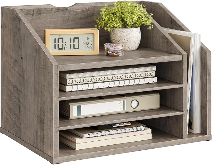 Wooden Desk Organizer with Adjustable Partitions, Multi-Layer Desktop File Holder for Home Office, Paper & Stationery Storage Organizer, Greige MWJ04FH
