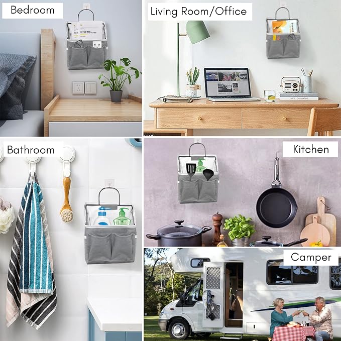 Kanrichu 3pcs Wall Hanging Organizer Bag, Linen Fabric Door Hanging Storage Basket with Pockets, Waterproof Bin for Kitchen, Bedroom, Office, RV Camper (Gray)