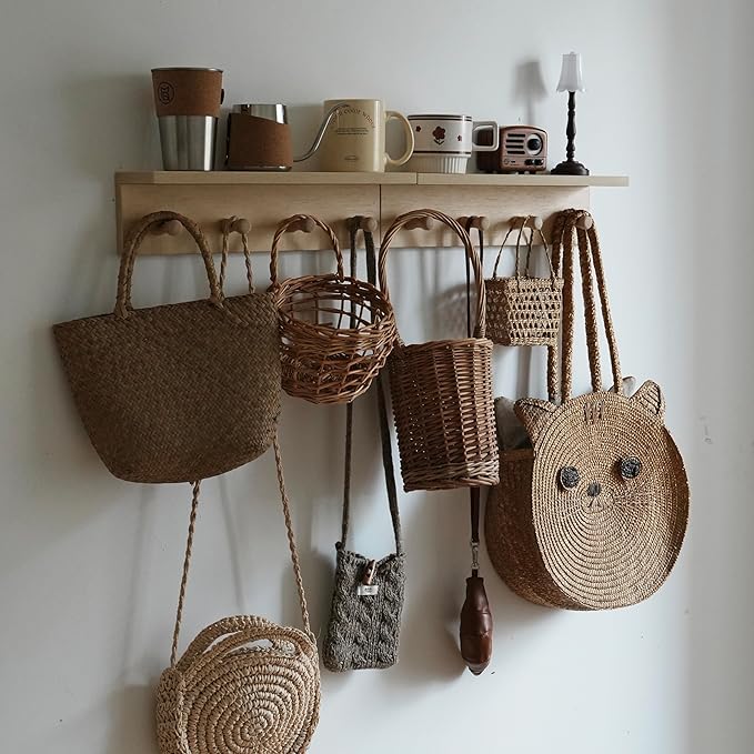Entrance Coat Rack ，Coat Hooks, Wall-Mounted Wooden Hook Rack, Wall-Mounted Shelves are Very Suitable (Birch Color Finish—A-2)