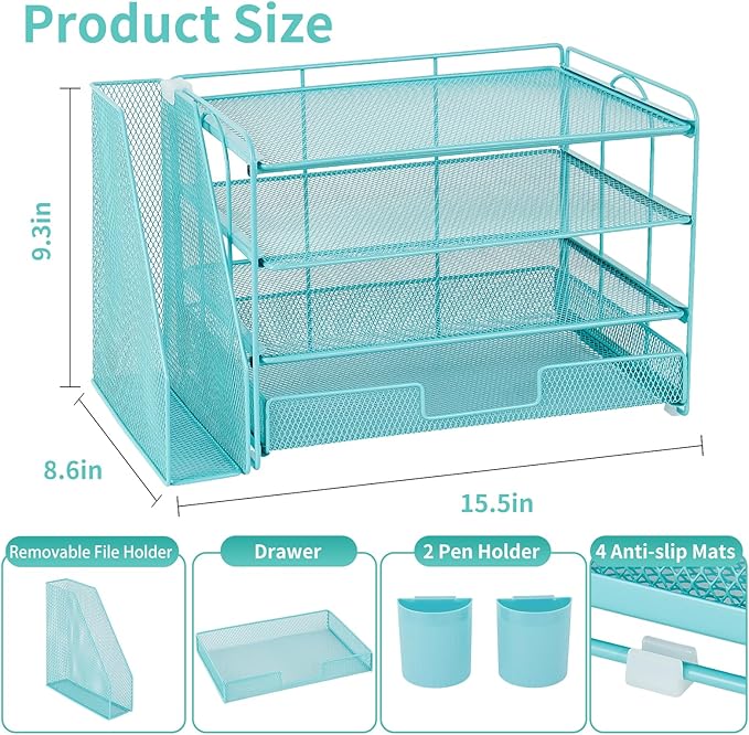 OPNICE Desk Organizer, 4-Tier Desktop File Organizer with Drawer and Pen Holders, Office Desk Accessories, File Sorters, Workspace Organizers for Office Supplies(Teal Blue)