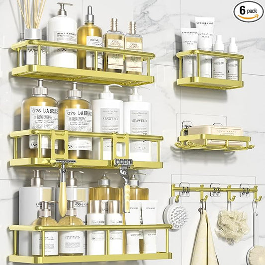 YASONIC Shower Caddy Adhesive, Rustproof Shower Organizer with Soap Holder, Large Capacity Shower Shelves for Inside Shower, No Drilling Bathroom Organizers and Storage for Home Decor（6 Pack Gold）