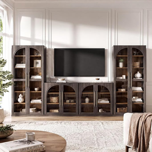 BELLEZE 4-Piece Modular TV Stand Set - 2 Arched Glass Door Sideboard Buffet and 2 Tall Storage Cabinets, Classic Modern Modular Entertainment Center with Adjustable Shelves for Living Room(Ebony)
