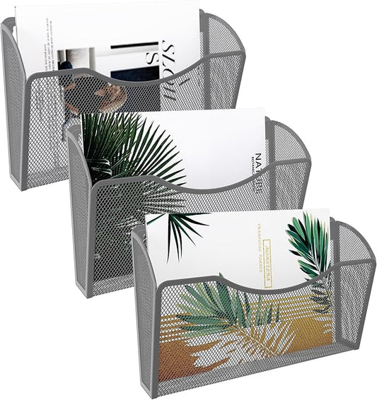 EasyPAG Wall File Organizer 3 Pack, Hanging File Organizer Wall Mount, Metal Mesh Folder Holder for Letter/A4 Papers, Mail Sorter for Office, Classroom, Home, Silver