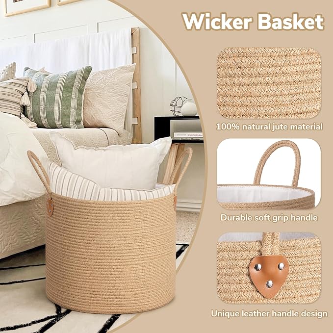 CHICVITA 50L Blanket Basket Living Room, Wicker Laundry Baskets for Home Decor, Baby Toy Basket with Handles, Large Nursery Hamper for Blankets Towels Clothes, 16" X 16" X 14", Jute Brown