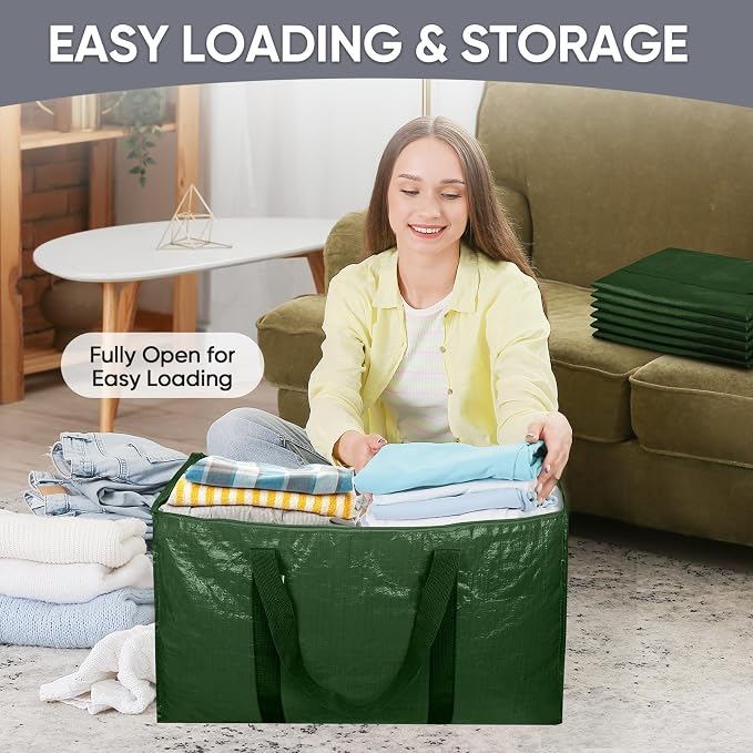 TICONN 4 Pack Extra Large Moving Bags Heavy Duty with Zippers & Carrying Handles, Durable Storage Bags Moving Boxes for Closet Organizers and Storage (4 Pack, Olive)