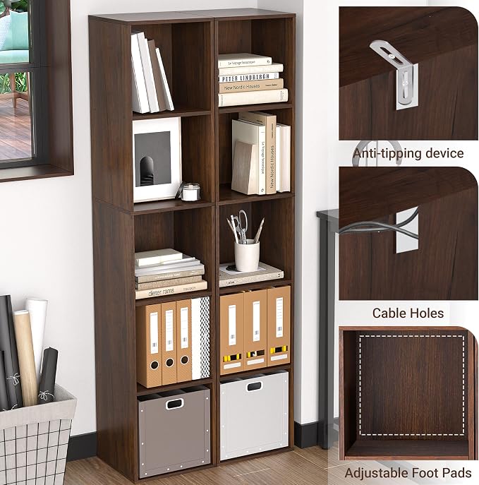 5 Cube Storage Organizer, Narrow Open Shelf Bookcase, Freestanding 5 Tier Low Display Bookshelf for Home Office, Living Room, Bedroom, Dark Brown & Black Walnut
