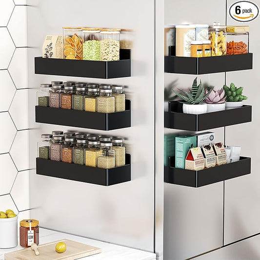Mystozer Magnetic Spice Rack for Refrigerator, Kitchen Organizer and Storage Shelf, Black (6 Pack)…