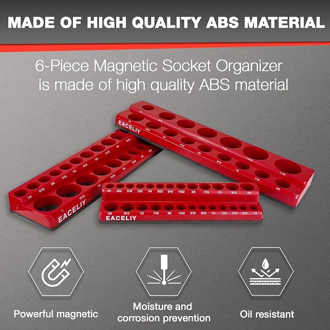 EACELIY Magnetic Socket Organizer Set, 1/2", 1/4" and 3/8" SAE & Metric Deep & Shallow Socket Holder Kit, holds 141 stanard Sockets, attaches to steel box/tool cart (sockets not included) 丨6PCS