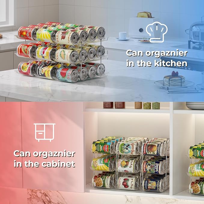 Can Organizer for Pantry Stackable 3 Tiers Can Storage Organizer Pantry Soda Can Organizer for Fridge 36 Cans Rack Automatic Rolling Canned Food Organizer for Refrigerator Kitchen Clear