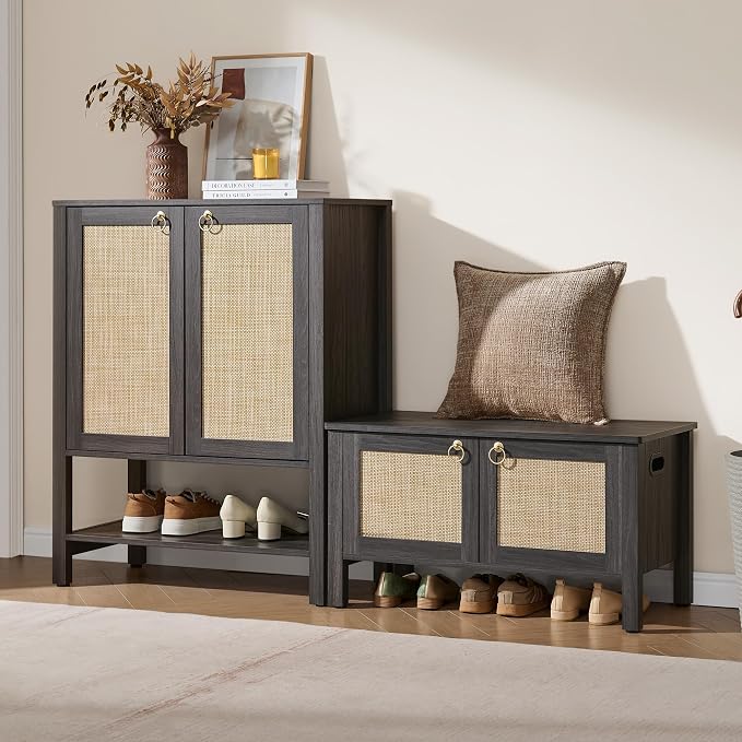 SICOTAS Rattan Shoe Cabinet with Storage, 5 Tier, 3 Pieces | Farmhouse Shoe Organizer with Doors & Shelves,Free Standing Shoe Rack Cabinet for Entryway, Hallway, Foyer (Obsidian)