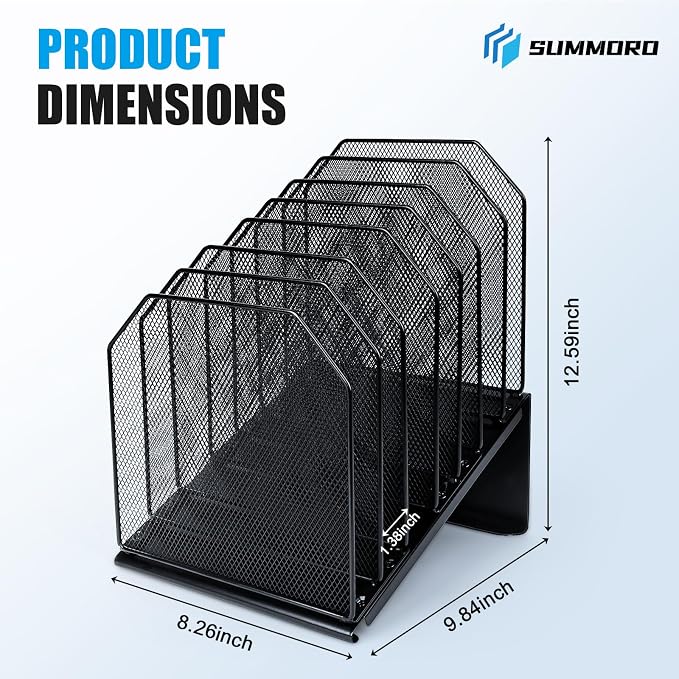 SUMMORO Inclined File Organizer for Desk, 7-Section Vertical File Folder Holder Office Desk Organizer Metal Rack File Wire Mesh Desktop Document Sorter for Office School Classroom Home (Black)