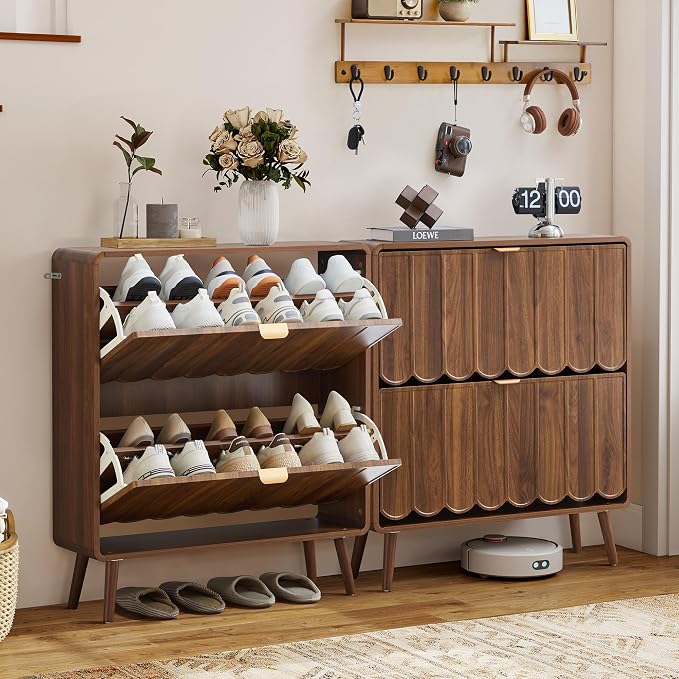 Shoe Storage Cabinet for Entryway with 2 Flip Drawers Set of 2, Freestanding Narrow Wood Shoe Cabinet with Wave Panel, Hidden Shoe Organizer for Foyer, Hallway (Walnut)
