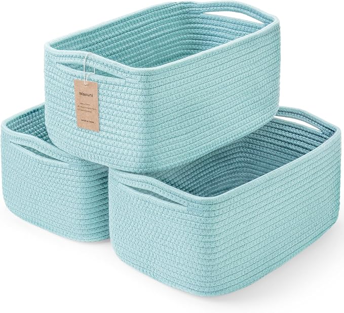 3-Pack Small Storage Baskets for Organizing | Woven Shelf Toy Basket | Rope Baskets for Gifts Empty | Closet Organizer Bins with Handles | Cube Decorative Box | 11.8×7.8×5.1” | Light Blue
