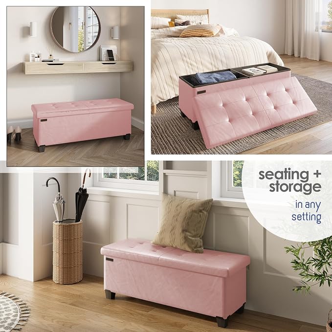 Storage Ottoman Bench with Bins, 43-in Storage Bench for Bedroom End of Bed, Folding Foot Rest Ottoman for Living Room Max 660lbs, Leather Ottomans, Pink