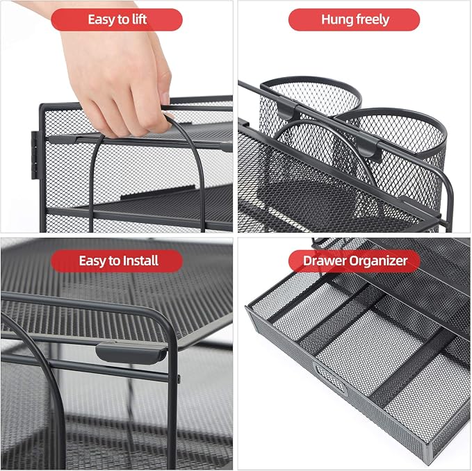 Marbrasse Desk Organizer, 4-Tier Paper File Letter Tray, Black | Sturdy Paper Tray, File Holder, Built-in Drawer, 2 Pen Slots, fits Letters/Files, for School Home Office Supplies