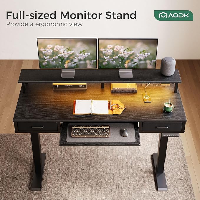 AODK 55 Inch Electric Standing Desk with Drawers & Keyboard Tray, Black | 3 Outlets & 2 USB Ports, LED Lights, Monitor Stand, Cable Management Tray, 3 Memory Heights, 29.9"-46.1" in Range