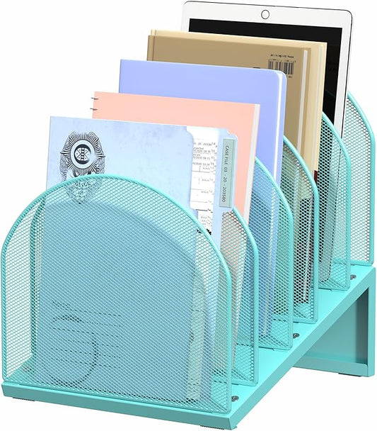 5-Section Desk File Organizer | Metal Mesh Folder Organizer for Documents, Mail & Office Papers (Blue)
